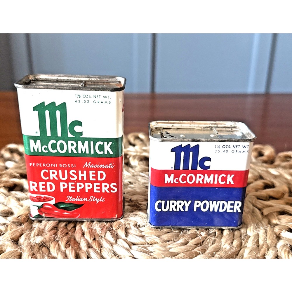 Vintage McCormick Spice Tins Crushed Red Peppers & Curry – Slide Metal 40's-50's